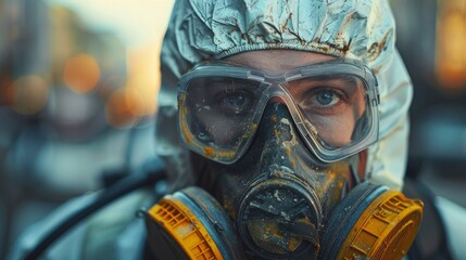 A person wearing a protective suit and a respirator gazes intensely at the camera, embodying the seriousness of safety in hazardous environments and health awareness.