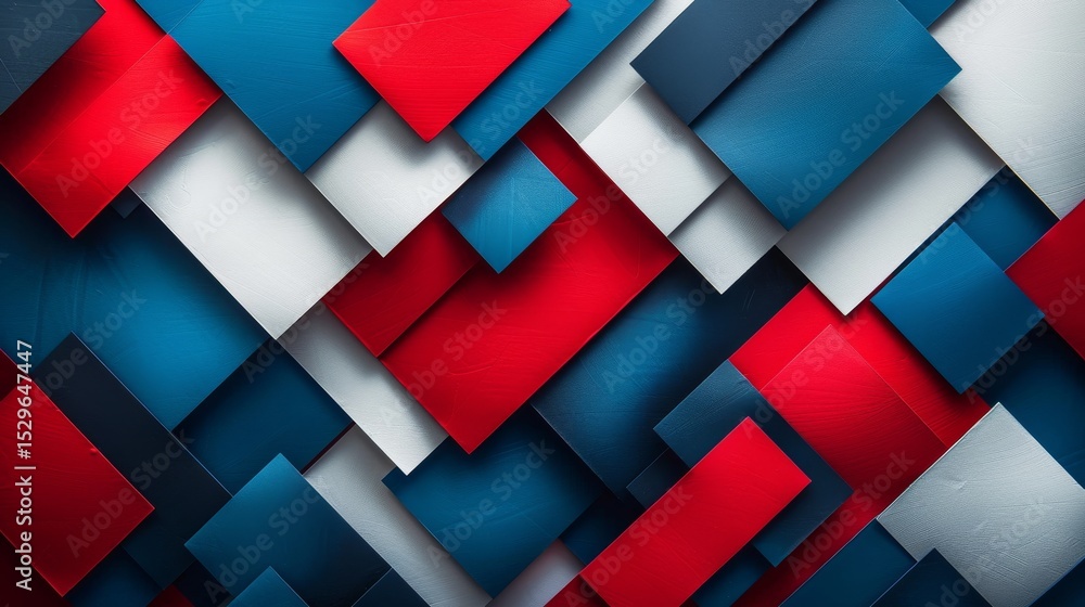 Poster this vibrant abstract composition features layered geometric shapes in blue, red, and white, capturi