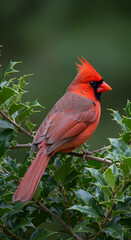 Vibrant Red Northern Cardinal on Holly Branch