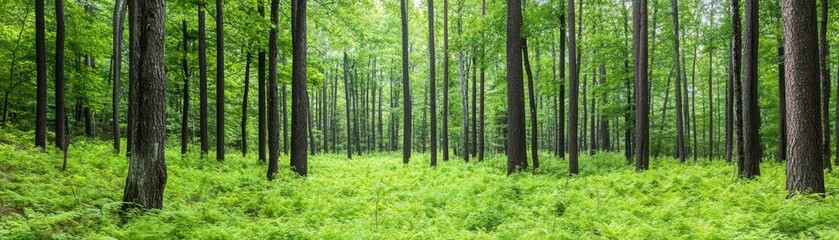 Fototapeta premium A dense forest with tall, slender trees and vibrant green ferns covering the forest floor, illuminated by soft natural light.