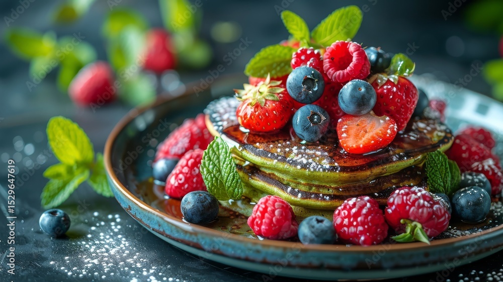Poster a delectable stack of pancakes topped with an array of fresh berries and mint leaves, presenting a v