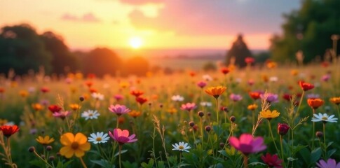 Soft focus sunset over wildflowers, dreamy meadow scene , flora, vibrant