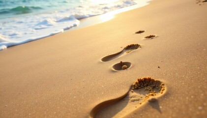 Two sets of footprints diverging on a sandy beach, shore, barefoot, choice
