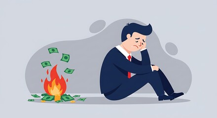 Depressed businessman sits beside burning money.