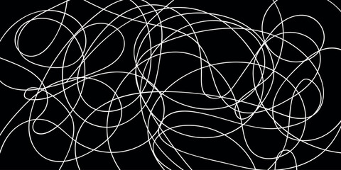 Chaotic hand-drawn doodles. Monochrome background of careless lines, traces of a pen. Overlay template. Vector illustration design. White strokes on black background.