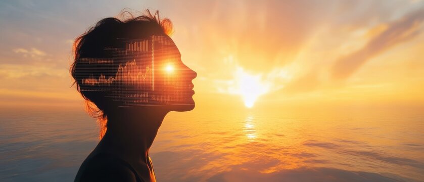 Silhouette of a person facing a bright sunset over water, with digital financial data overlay on their profile, blending technology and nature.