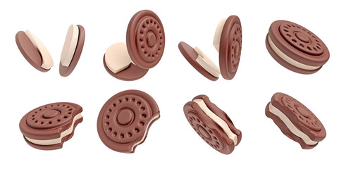 Chocolate Sandwich Cookie with a creamy filling 3d icon set include cookie bitten off and split in half