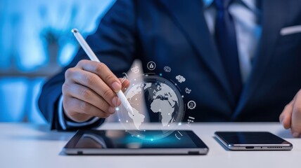 Person using a digital pen on a tablet displaying a global network concept.