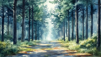 Obraz premium Sunlit Path Through a Tranquil Pine Forest