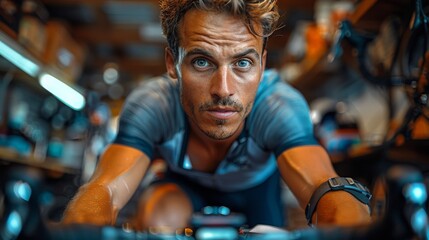 A dedicated cyclist intensely focuses on training in a workshop, capturing determination and the passionate pursuit of athletic excellence amidst a workmanlike environment.