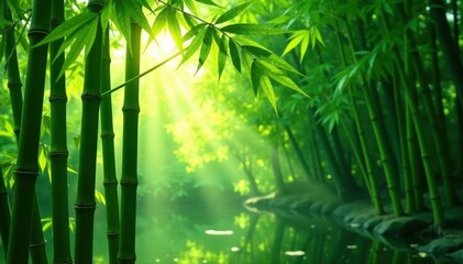 Lush green bamboo stalks, sunlight dappled leaves, ecology, backdrop
