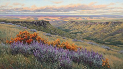 Fototapeta premium Sunset Canyon Wildflowers, Plateau Vista, Scenic Landscape