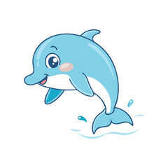 Fototapeta premium Cute cartoon dolphin character jumping out of water with a smiling face