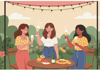 Joyful illustration of three women toasting with drinks at a garden party table surrounded by food and decorations