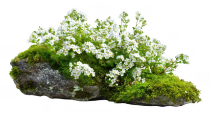 Small white flowers are growing in abundance on a bed of vibrant green moss, which covers a textured gray rock, all set against a transparent background