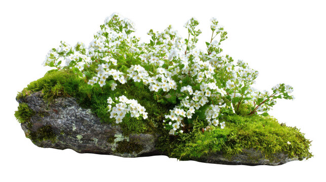 Small white flowers are growing in abundance on a bed of vibrant green moss, which covers a textured gray rock, all set against a transparent background