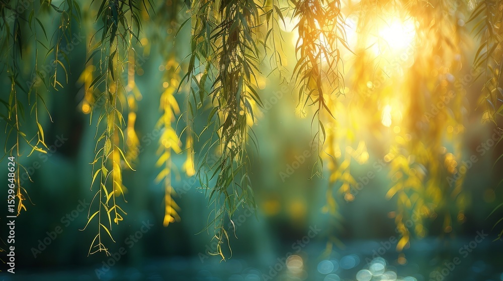 Poster a mesmerizing close-up of willow branches shimmering in golden sunlight, creating an enchanting atmo