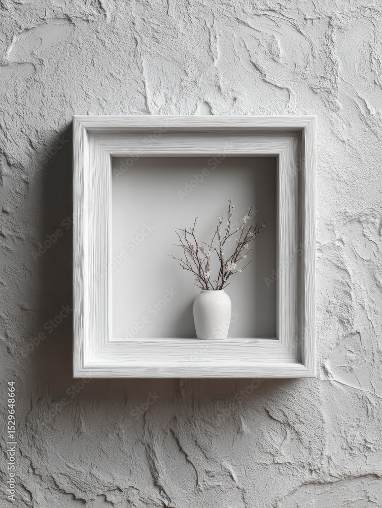 Poster white vase with blossoming branches inside a square frame on textured wall, symbolizing purity and m
