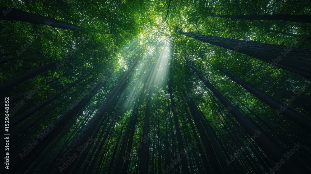 Poster a stunning view looking up at towering trees in a majestic forest filled with dappled sunlight, crea