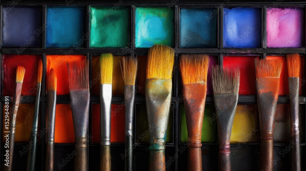 Poster paint brushes resting on a palette of vibrant colors, symbolizing artistic expression and creative i