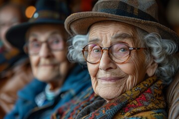 Two elderly women with joyful expressions are seen in a cozy setting, celebrating friendship and the beauty of aging gracefully, bringing warmth and nostalgia to the viewer.