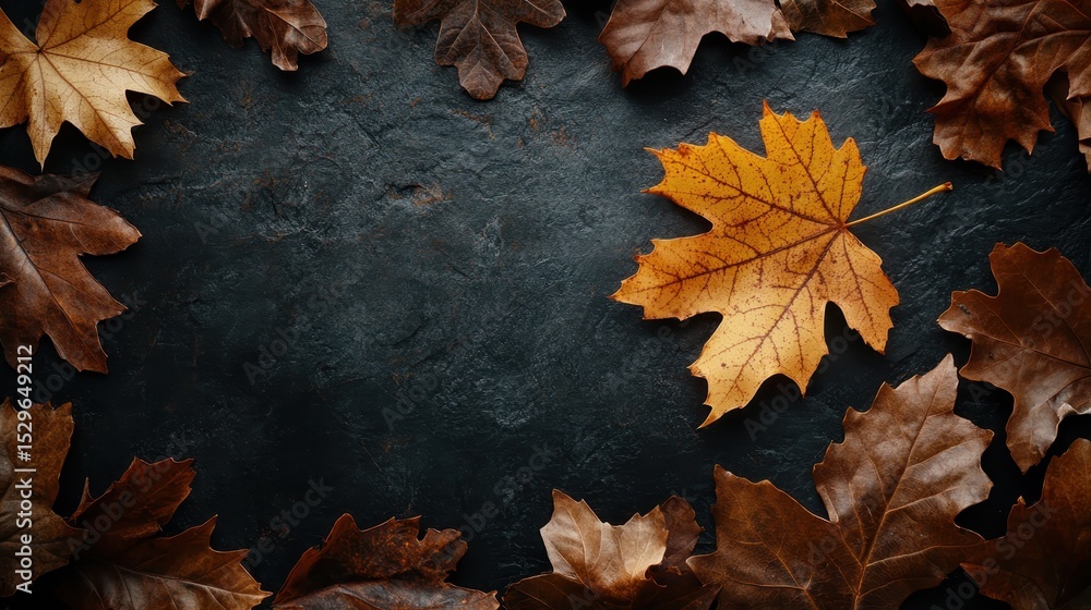 Poster an artistic display of vibrant autumn leaves arranged on a dark textured background, creating a stri