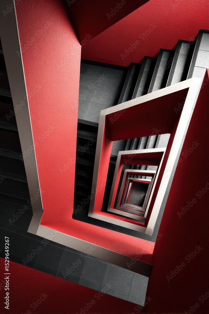 Poster abstract stairwell with red accents from above, showcasing modern architecture and interior design i