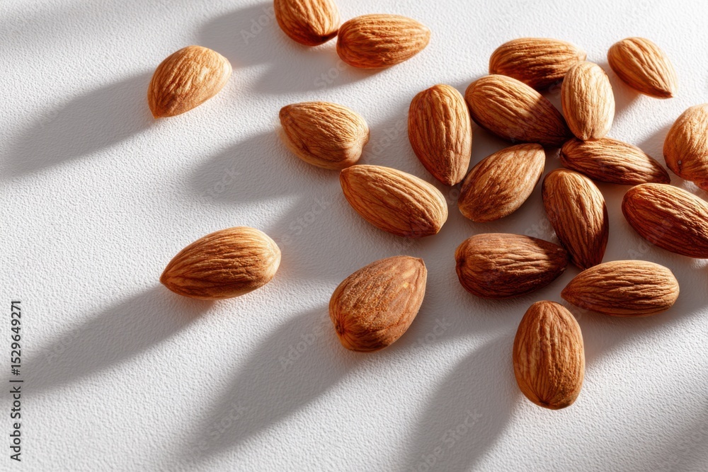 Poster scattered almonds on white surface in bright light, representing healthy snacking and natural nutrit