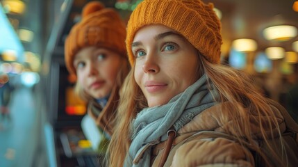 Capturing a warm moment, two women wearing matching winter hats share a smile in a cozy café setting, showcasing connection, warmth, and the joy of companionship during cold days.