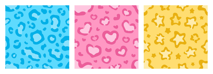Three seamless leopard variations. Blue tone, Heart-shaped pink spots, and yellow background with star spots. Cute and trendy. © Qubii Studio