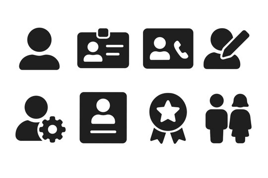 Profile Feature Icons. Solid style icons of profile features: avatar icon, user card, contact detail, editable profile, account
