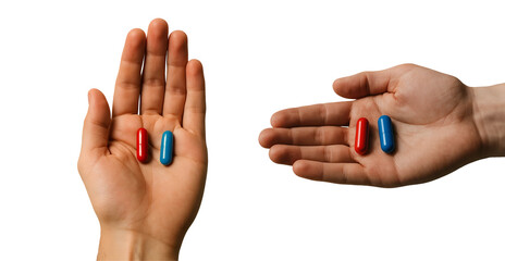 Red or Blue Pill PNG – Hands Offering Red and Blue Capsules – Matrix Inspired Choice Concept – Transparent Background
