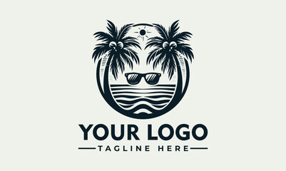 Stylized tropical beach illustration with palm trees, sun, ocean waves, and sunglasses in a circular frame. Summer vacation concept