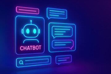 Futuristic chatbot interface with glowing neon blue and pink UI designai elements showing conversation bubbles and search bar on dark background creating modern tech feel