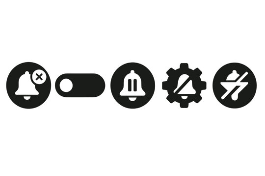 Notification Icons Collection. Solid style icons of notification blocker: quiet mode badge, disable notification switch, pause