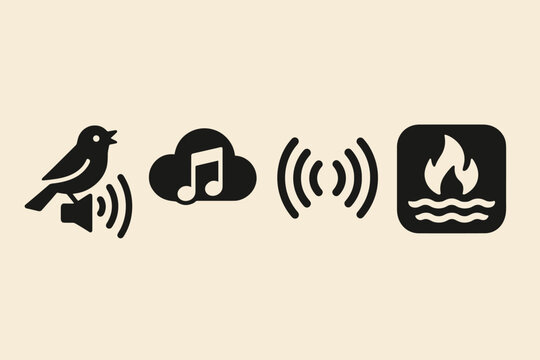 Calming Sound Icons. Solid style icons of calming sounds: bird chirp audio icon, music with cloud overlay, gentle echo waves, sea