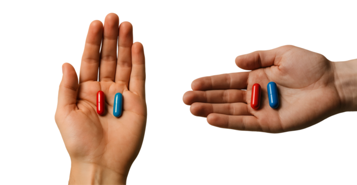 Red or Blue Pill PNG – Hands Offering Red and Blue Capsules – Matrix Inspired Choice Concept – Transparent Background
