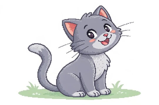 Cute Gray Kitten Pixel Art on White Background
