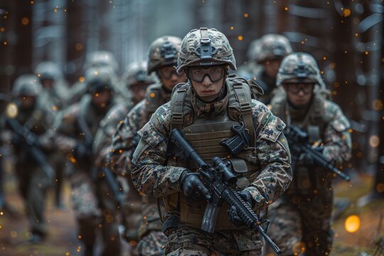 A powerful image of soldiers in camouflage uniforms, advancing through a forested terrain, showcasing their determination and teamwork in a military training exercise.