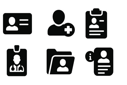Medical Icons Collection. Solid style icons of medical profiles: patient ID, health avatar, personal chart, user info. Solid style
