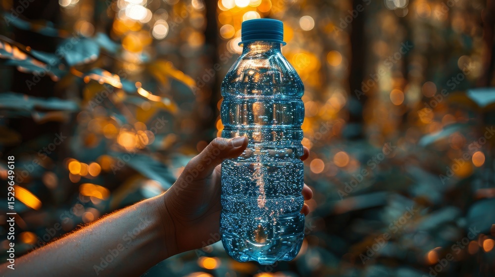 Poster a hand holding a clear water bottle filled with sparkling bubbles, set against a backdrop of warm co