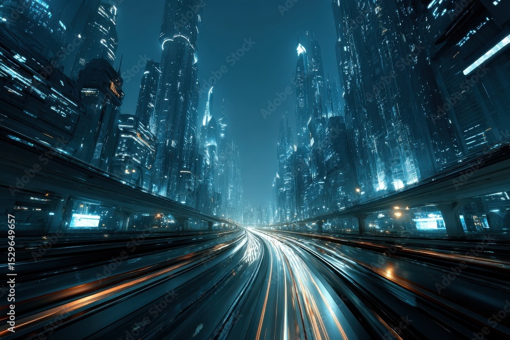 Poster futuristic cityscape at night with light trails, representing technological advancement and urban in
