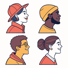 Joyful Avatar Set, Colorful Icon Pack, Diverse Face Art. COlorful 4 Avater Design Set.