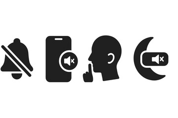Silent Mode Icons. Solid style icons of silent mode: bell with slash icon, phone with mute badge, quiet profile symbol, speaker