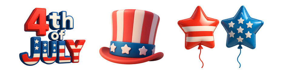 4th of July PNG – 3D Patriotic Hat, Star Balloons and Independence Day Text – Transparent Background
