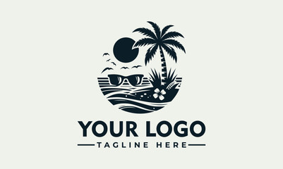 Stylized tropical beach illustration with palm trees, sun, ocean waves, and sunglasses in a circular frame. Summer vacation concept