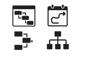 Project Planning Icons. Solid style icons of project planning: timeline view, calendar path, step board, action map. Solid style