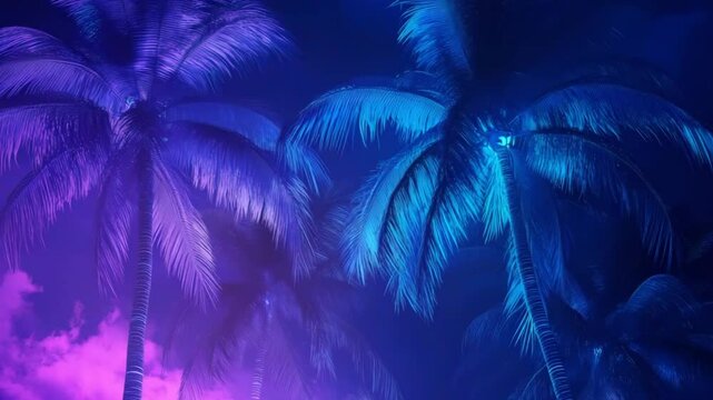 Animation of neon tropical night with glowing palm trees in deep purple light