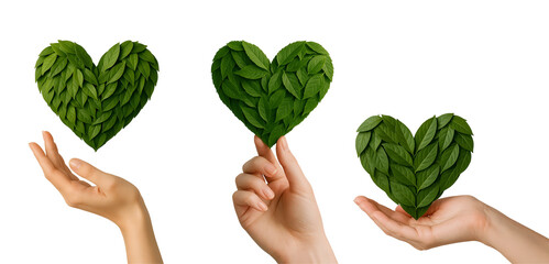 Eco Heart in Hands PNG – 3D Green Leaf Symbol of Sustainability and Environmental Love – Transparent Background
