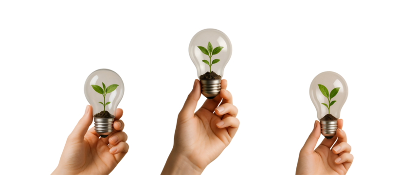 Sustainable Innovation PNG – 3D Light Bulbs with Growing Plants Held in Hands – Eco-Friendly Symbol – Transparent Background
- Powered by Adobe